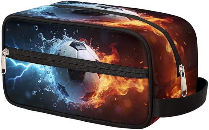 Fire Water Lightning Soccer Toiletry Bag for Men Women, Cosmetic Makeup Bag with Handle, Travel Shaving Kit Organizer, Waterproof Portable Wash Bag for Gym Vacation Camping Sports