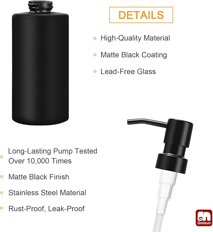 GMISUN Black Soap Dispenser, Hand Soap Dispenser Bathroom, Hand and Dish Dispenser Set for Kitchen, 12 fl oz/350ml Glass Liquid Soap and Lotion Dispensers with Stainless Steel Pump, 2 Pack Refillable