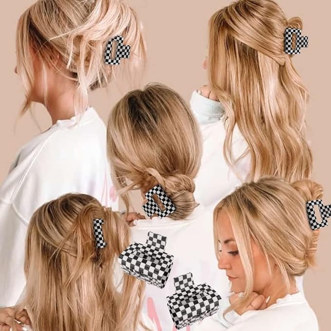 Ahoney 4 Pack Checkered Hair Claw Clips for Thin Hair Y2k Hair Accessories 2" Small Hair Clips for Thick Hair Cute Hair Clips for Women Girls