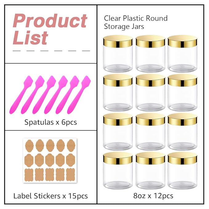 12 Pack 8 oz Plastic Cosmetic Containers With Rose Gold Lids Refillable Clear Empty Travle Jars Containers for Body Butter,Sugar Scrubs,Cream,Lotions,Candy, Label&Spatulas