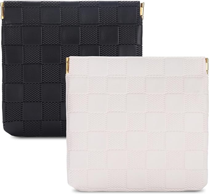 Sightor 2PCS Small Makeup Bag for Purse, Mini Cosmetic Bag Waterproof Pouch for Women, Checkered Purse Self-closing Coin Lipstick Small Leather Cosmetic Pouch (Black, White)