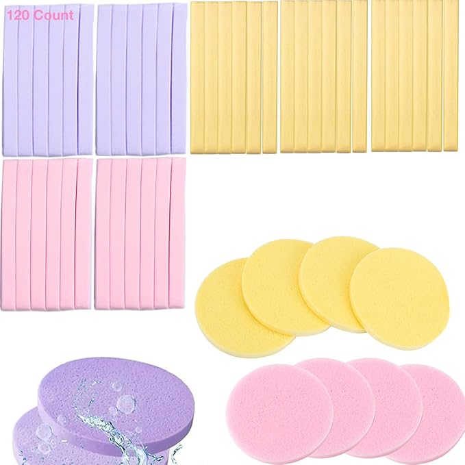 Facial Sponge Compressed,120 Count PVA Professional Makeup Removal Round Face Wash Sponges Spa Pads Exfoliating Cleansing for Women,Yellow,Pink,Purple