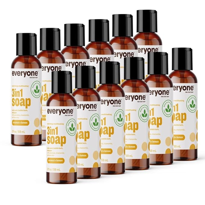 Everyone 3-in-1 Soap Body Wash, Bubble Bath, Shampoo, Travel Size, 2 Ounce (Pack of 12), Coconut and Lemon, made with Essential Oils for Men and Women