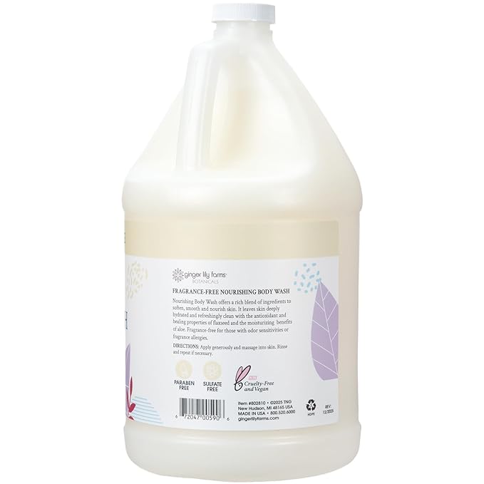 Ginger Lily Farms Botanicals Nourishing Body Wash, 100% Vegan & Cruelty-Free, Fragrance Free, 1 Gallon Refill (Pack of 4)