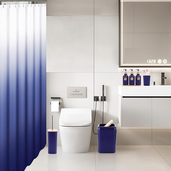 30PCS Navy Blue Bathroom Accessories Set with Waffle Shower Curtain,Trash Can,3PCS Lotion Soap Dispenser, Toothbrush Holder, Soap Dish,Tumbler Cup,6PCS Wood Tags Bath Accessories with Tray
