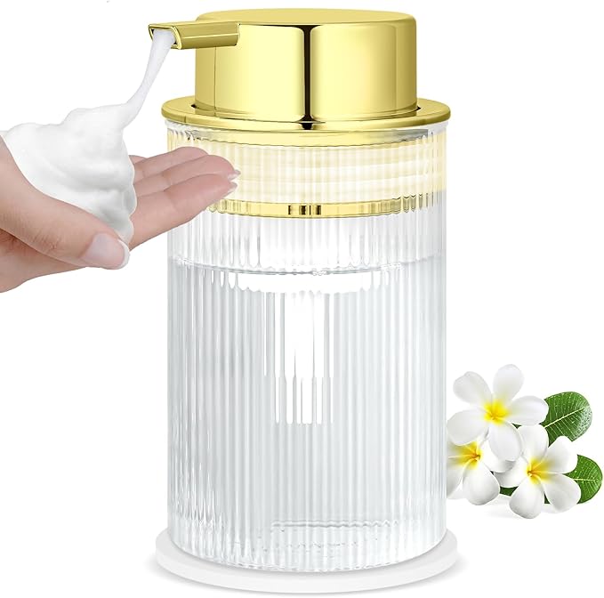 NiHome 14oz Multifunctional Glass Foaming Hand Soap Dispenser with Elegant Stripe Pattern, High-Capacity Easy to Refill for Home & Commercial Use, Advanced Foam Pump & Non-Slip Base (Gold)