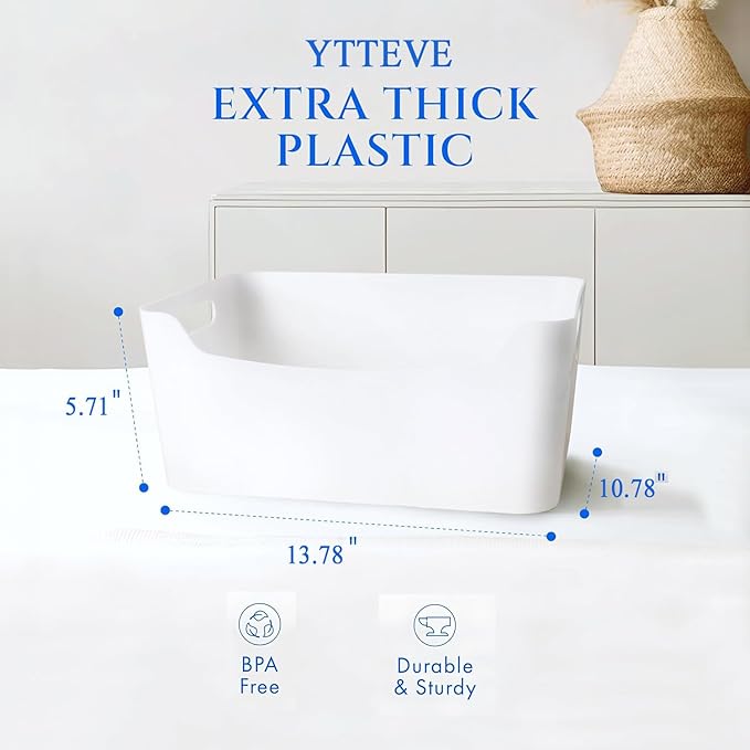 Ytteve 4 Pack Large Plastic Storage Bins with Handles,13.7x10.2x5.7 Inch Stackable White Organizer Containers for Kitchen,Pantry,Closet,Bathroom,Office,Cabinet,Drawer,Snack,Toy & Makeup Organization