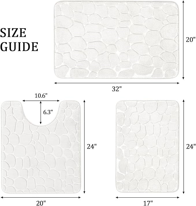 YIHOUSE Bathroom Rugs Mat Set 3 Piece White, Memory Foam Bath Mats Sets, Non Slip Water Absorbent Washable Bath Rugs for Sink, Toilet and Floor