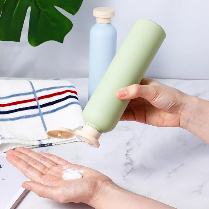 2Pcs Squeeze Bottles, 260ml Plastic Refillable Travel Containers with Flip Cap - Leak Proof for Shampoo, Creams, Lotion, Conditioner (Blue+Green)