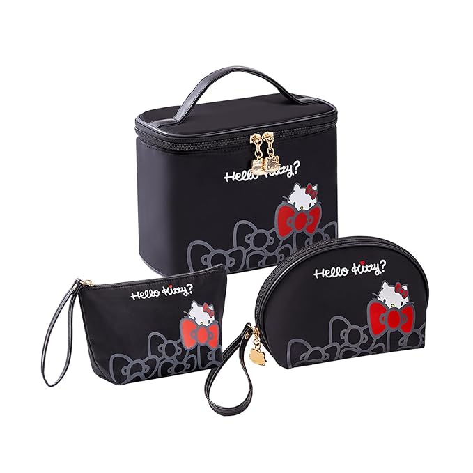 Vimanllie Travel Makeup Bag Large Cosmetic Bags with Brush Holder,Black Waterproof 3PCS Portable Cosmetic Case for Women,Toiletry Bag for Skincare&Beauty Tools for Her