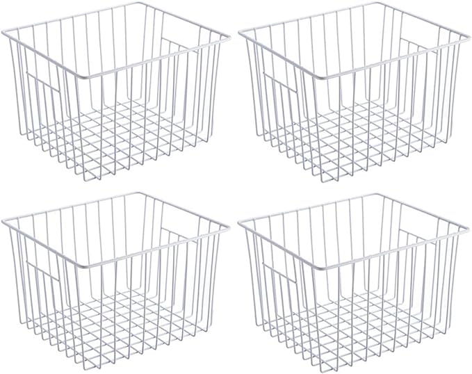SANNO Freezer Wire Storage Organizer Basket, Refrigerator Storage Baskets Bins Organizer with Built-in Handles for Cabinets, Pantry, Closets, Bedrooms 4 Pack 11"x10"x 7" White