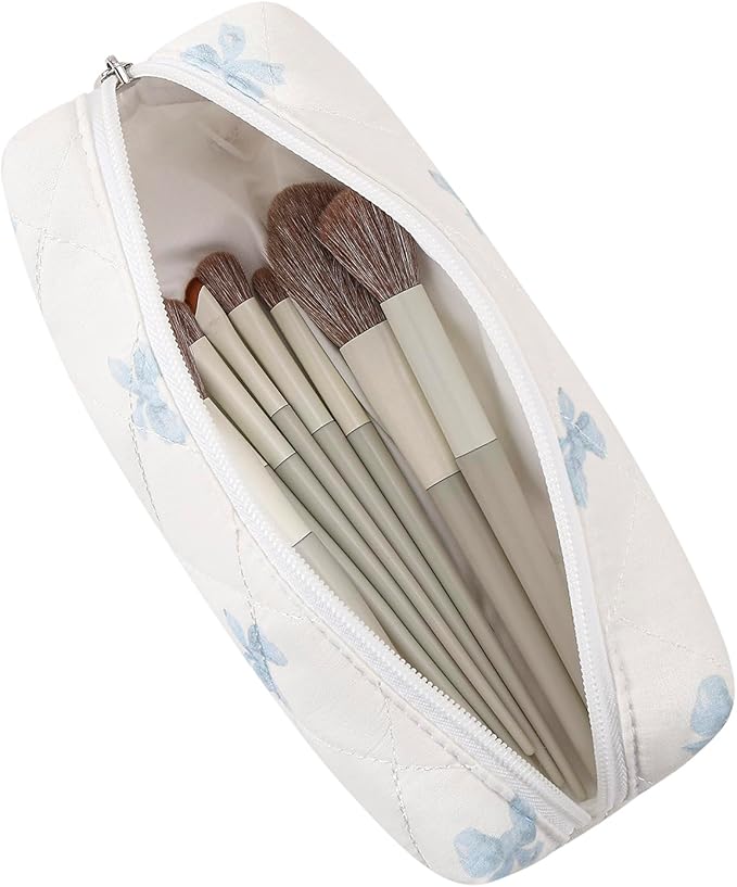 Cute Floral Makeup Brush Bag Small Cotton Quilted Cosmetic Bag for Women Travel Toiletry Zipper Make Up Pouch (Blue Small Bowknot)