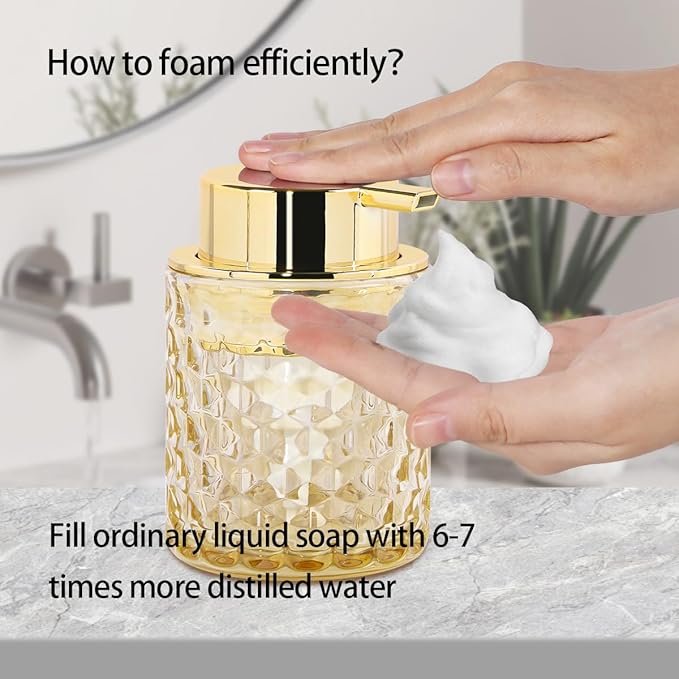 Amber Foaming Soap Dispenser, Glass Soap Dispenser with Gold Pump, Bathroom Refillable 10 Oz Lotion Shampoo Pump Container Vintage Diamond Bottle for Bathroom and Kitchen