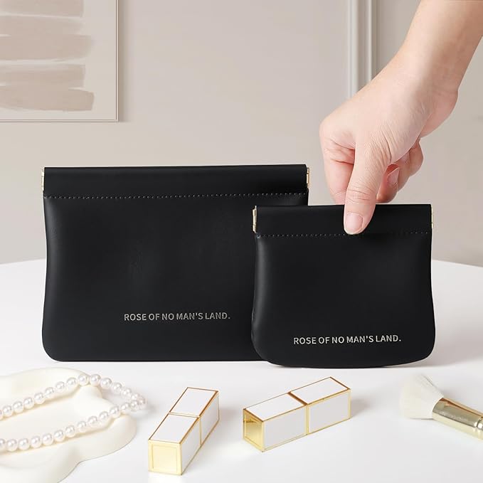 2 Pack Small Makeup Bag for Women, New Organosilicon Super Fiber PU Leather Mini Cosmetic Bag for Travel, Coin Purse Organizer Storage Pouch (Printed with Phrase, Black)