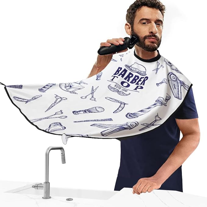 Beard Bib Apron, Beard Hair Catcher for Men Shaving, Non-Stick Beard Cape Grooming Cloth, Waterproof, with 2 Suction Cups,Beard Comb,Beard Brush (Type A beard‘s)