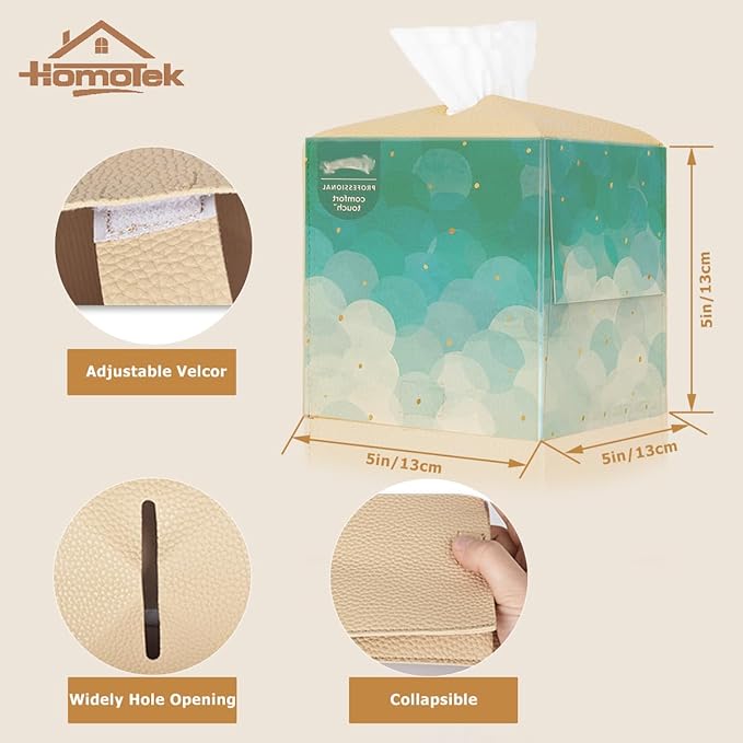 HOMOTEK 2 Pack Tissue Box Cover, Square PU Leather Tissue Holder, Decorative Facial Tissue Cube Paper Organizer Dispenser for Bathroom, Night Stands, Desk, Car 5X5X5'' - Beige, Pebble Grain
