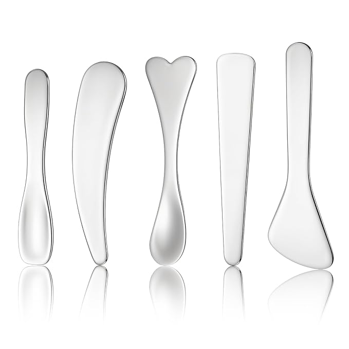 Mini Cosmetic Spatula 5 Pcs Metal Makeup Spatula Stainless Steel Cosmetic Spoon Beauty Spatulas Reusable Mask Facial Applicator Scoop Skincare Tools for Mixing Sampling Cream Mask Lotions Moisturizers