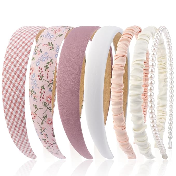 AHONEY 7 Pack Pink Headbands for Girls Women Headbands Trendy Non Slip Hairbands Cute Croquett Hair Accessories Kawaii Multi-style Headband Pack (Pink)