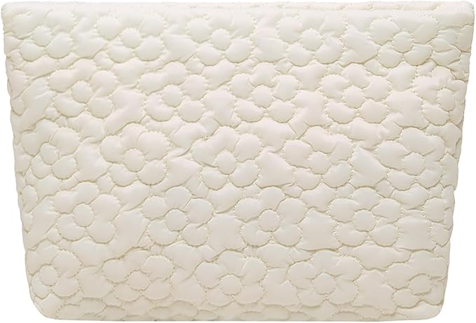 Puffy Quilted Makeup Bag, Cosmetic Bag, Travel Toiletry Organizer Pouch, Clutch for Wom (White Flower)
