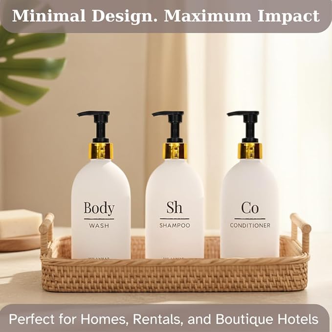 Shampoo & Conditioner Shower Dispenser Set, Pearl White - Empty Matte Plastic Bottles, 16.9 oz Pump Containers, Luxury Bathroom Decor, 3 Pack for Spa, Airbnb [White-Gold]