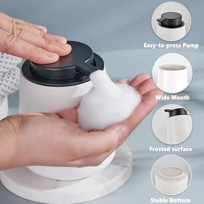 12Oz White Foam Soap Dispenser - Ceramic Foaming Hand Soap Dispenser Set with Easy-to-Press Pump, Refillable Liquid Dish Soap Dispensers for Bathroom and Kitchen, 2 Pack