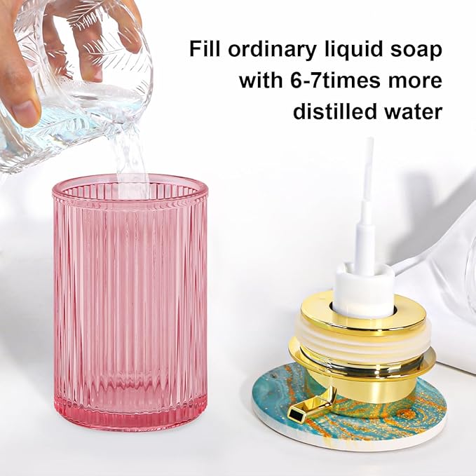Foaming Soap Dispenser, 12 Oz Pink Glass Foam Hand Soap Dispenser, Refillable Glass Foam Pump Bottle Container Decorative Slim Ribbed Bottle for Bathroom and Kitchen