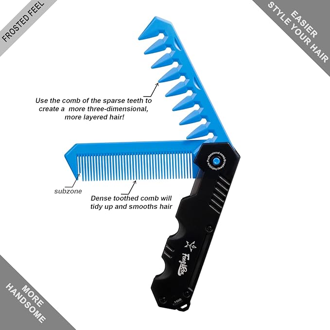 Protable Folding 2 in 1 Hair Comb Dence Tooth Comb Wide Tooth Comb Sparse Styling Pocket for Combing Straight hair Curly Hair Beards Mustaches for Men Barber Hairdresser (Blue)