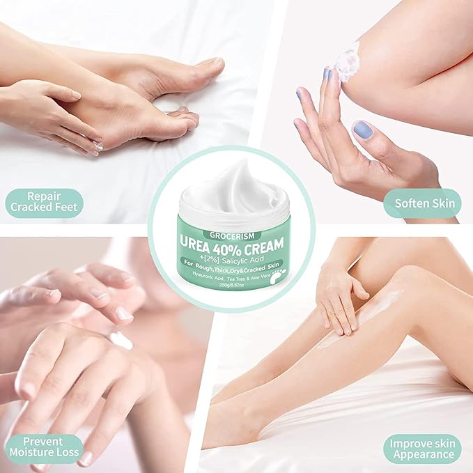 Grocerism Urea Cream 40 Percent For Feet Plus 2% Salicylic Acid 8.82 oz || Foot Cream and Hand Cream Maximum Strength with Hyaluronic Acid, Tea Tree,and Aloe Vera for Deep Moisturizes, Callus Remover