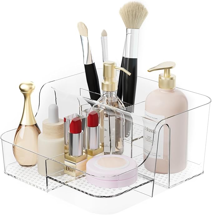 Clear Makeup Organizer Countertop – 6 Compartments Cosmetic, Jewelry, Skincare & Perfume Organizer, Vanity and Bathroom Counter Organizer, Multi-Use Makeup Brush Holder
