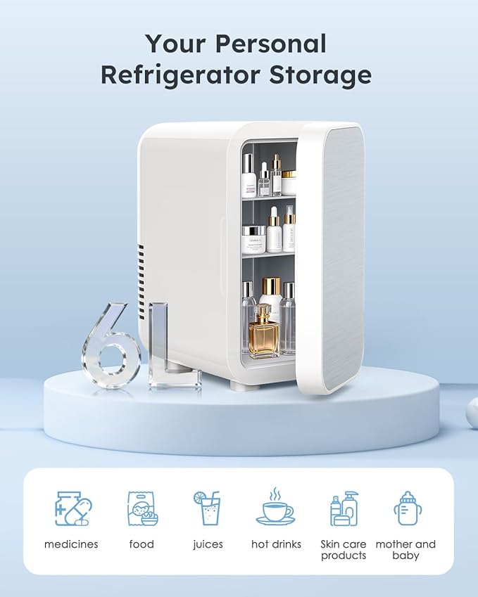 Skincare Fridge with Glass Panel, 6L Mini Fridge for Home/Car, AC/DC Portable Thermoelectric Cooler and Warmer, Makeup Mini Compact Refrigerator for Skincare Cosmetics Food Drinks (White)