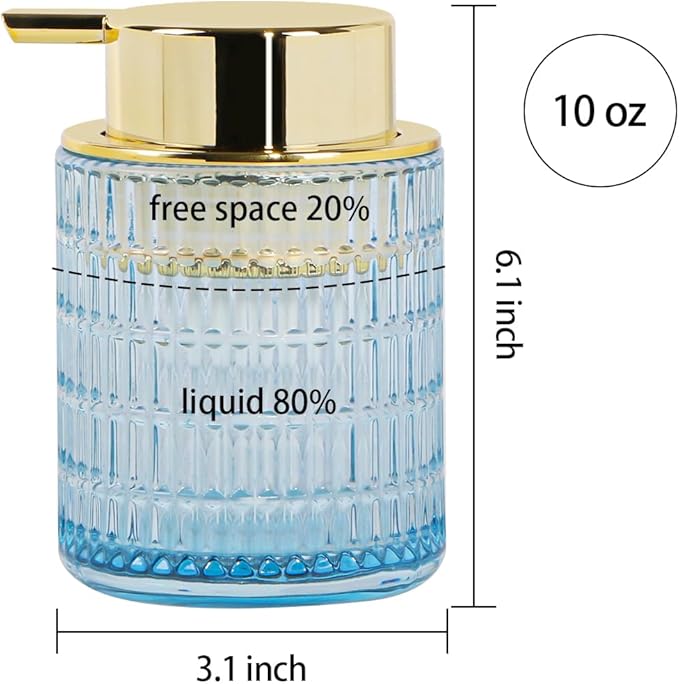 Foaming Soap Dispenser, Blue Glass Foam Soap Dispenser for Bathroom and Kitchen, 10 Oz Refillable Foaming Pump Bottle with Large Pump, Ribbed Bottle Container Decor