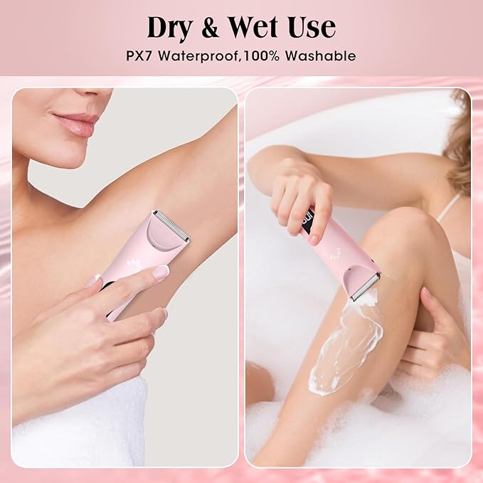 Bikini Trimmer for Women,Cordless Pubic Hair Trimmer,IPX7 Waterproof & LED Display Ladies Electric Razors Body Hair Trimmers for Underarm Leg Arm,Gifts Pink