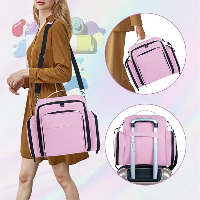 Nail Polish Organizer Holds 60 Bottles and a Nail Lamp,Portable Travel Case with 2 Removable Bags and Tools Storage Pockets Pink