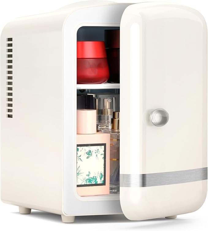 Xbeauty Retro Mini Fridge, Compact Refrigerator with 4L Capacity/6 Cans，Cooler & Warmer, Removable Shelf for Skincare, Beverages, Cosmetics, Perfect for Dorm, Bedroom, Cream