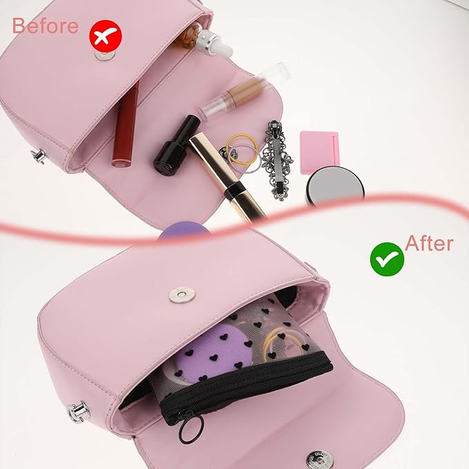 3Pcs Mini Cosmetic Bags, Heart Print Mesh Zipper Bags, Lipstick Accessories Organizer, Makeup Bag for Women, Small Purse Bag (White, Pink, Purple)
