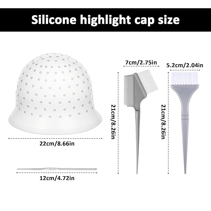TIESOME 1 Set Silicone Highlighting Cap, Reusable Punched Hair Cap with 1 Needle Hooks & 2 Needle Brushes, Salon Hairdressing Dyeing Tool for Women Men, Easy Pull Through for Highlights