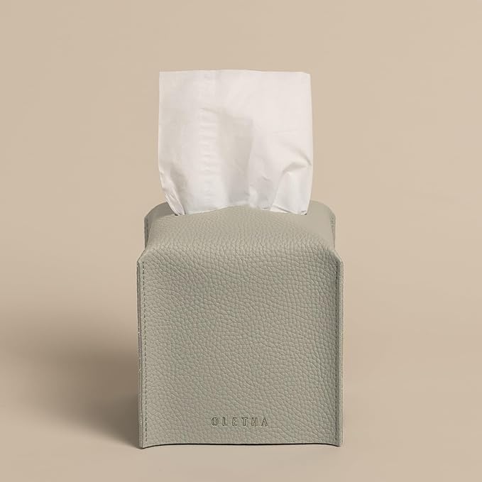 OLETHA Square Tissue Box Cover - Aesthetic Desk Decor for Room, Home & Office - Tissues Cube Boxes Holder - Pastel Gray, Set of 2