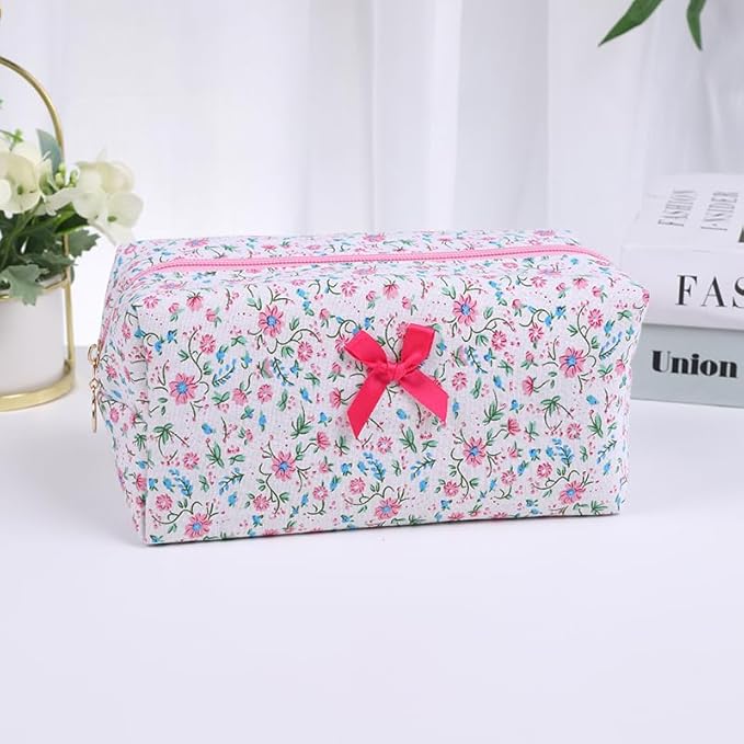 Floral Quilted Cotton Makeup Bag for Women, Large Capacity Travel Cosmetic Pouch with Zipper, Cute Toiletry & Brush Organizer, Kawaii Makeup Storage Case – Rose Red Floral