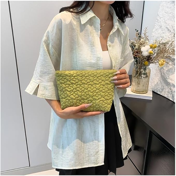 Puffy Quilted Makeup Bag for Women, Cosmetic Bag, Travel Toiletry Organizer Pouch Clutch (Green Flowers)
