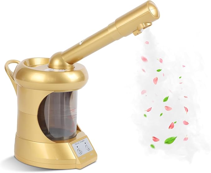 Facial Steamer, Nano Ionic Face Steamer with Extendable Arm for Deep Cleaning and Hydration, 360°Rotating Nozzle Face Humidifier, Portable Ozone Steamer for Beauty, Spa and Home Use（Golden）