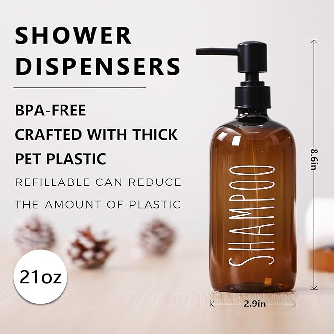 HOMCDALY Shampoo and Conditioner Dispenser Set of 3, 21oz Shower Soap Bottles with Pump, Refillable Shampoo Conditioner Body Wash Dispenser, Empty Bathroom Shower Shampoo Bottles(P-Brown)