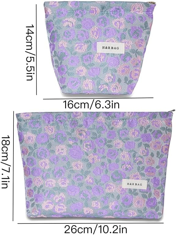 2 Pcs Makeup Bags for Purse, Large Cute Cosmetic Bag Travel Toiletry Bag Organizer for Women, Embroidery Craft Floral Makeup Bag Small Cosmetic Pouch Purse with Zipper (Purple and Pink Flower)