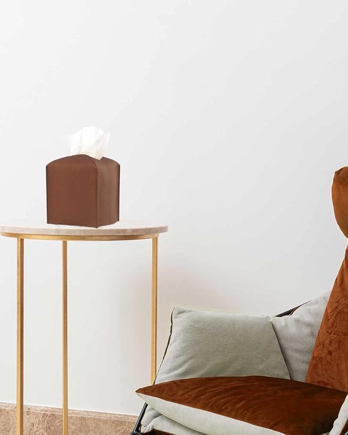 Leather Tissue Box Cover Square – [JESMINI, Brown] Modern PU Leather Cube Tissue Box Holder Decorative for Bathroom Vanity Countertop/Night Stands/Office Desk, 5x5x5
