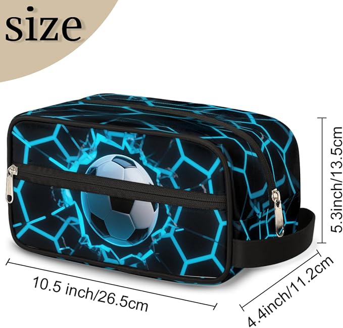 Futuristic Style Soccer Ball Kids Toiletry Bag for Boys Girls, Cosmetic Makeup Bag with Handle, Travel Shaving Kit Organizer, Waterproof Portable Wash Bag for Gym Vacation Camping Sports