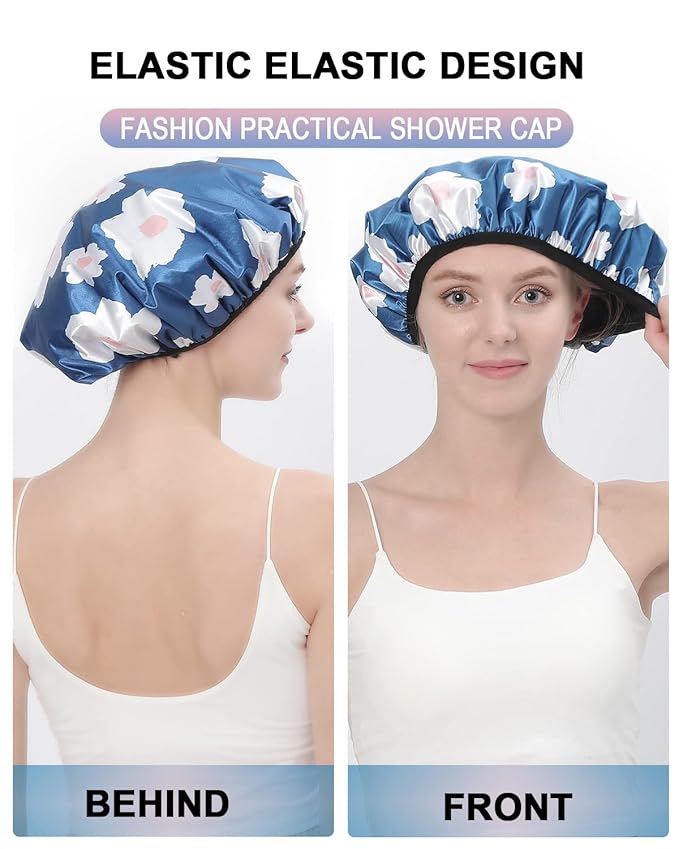 YIZIJIZI Terry Lined Shower Cap,Triple Layer Large Cap for Women,Shower Cap Reusable Waterproof,Long Thick Hair(Blue)