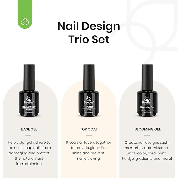 Beetles 3PCS Blooming Gel Nail Polish & No Wipe Base Top Coat Set, 15ML Shine Finish Long Lasting Top Base Gel Spreading Marble Effect Soak off UV LED Nail Art Gifts for Women Diy at Home