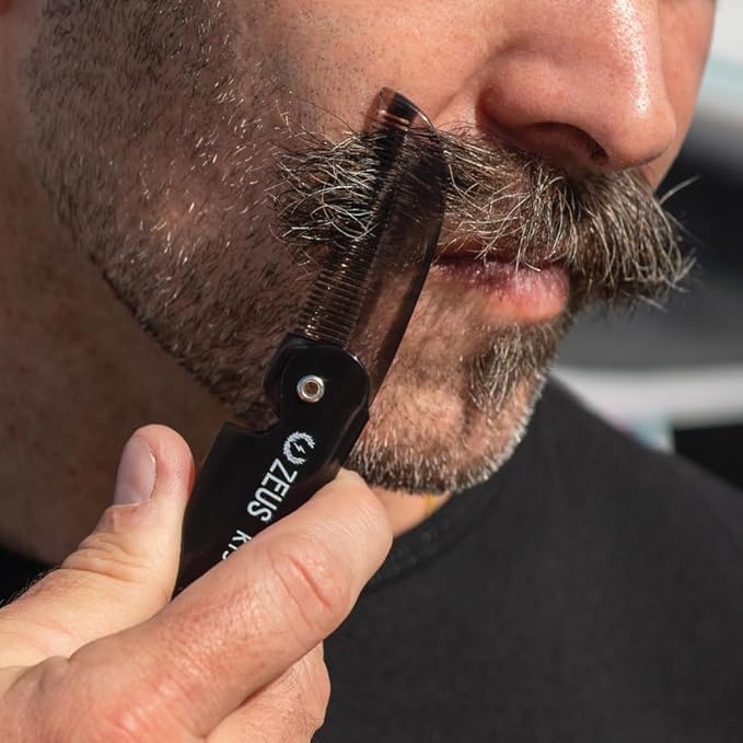 ZEUS Folding Mustache Comb for Men, Handmade Saw-Cut Pocket Comb for Men’s Beard & Moustache Grooming, Compact & Travel Friendly (Black) 3 PACK