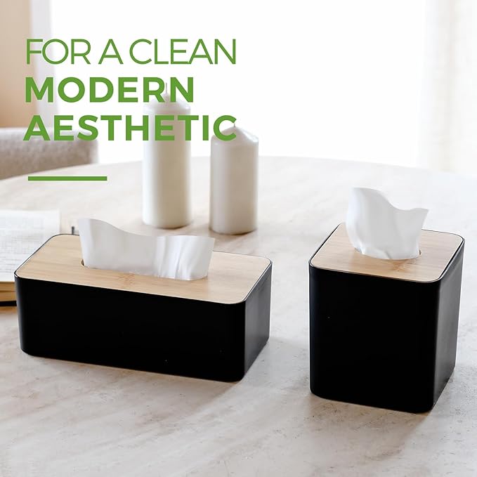 Tissue Box Cover, Rectangle Tissue Box Holder with Bamboo Cover Plate for Bathroom Bedroom, Decorative Tissue Box Covers for Home Decor Office, Black