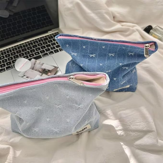 SxoSyo Makeup Bag for Women Cosmetic Bags Large Purse Travel Toiletry Zipper Storage Pouch Make up Brushes Organizer for Gifts (bowknot, denim blue)