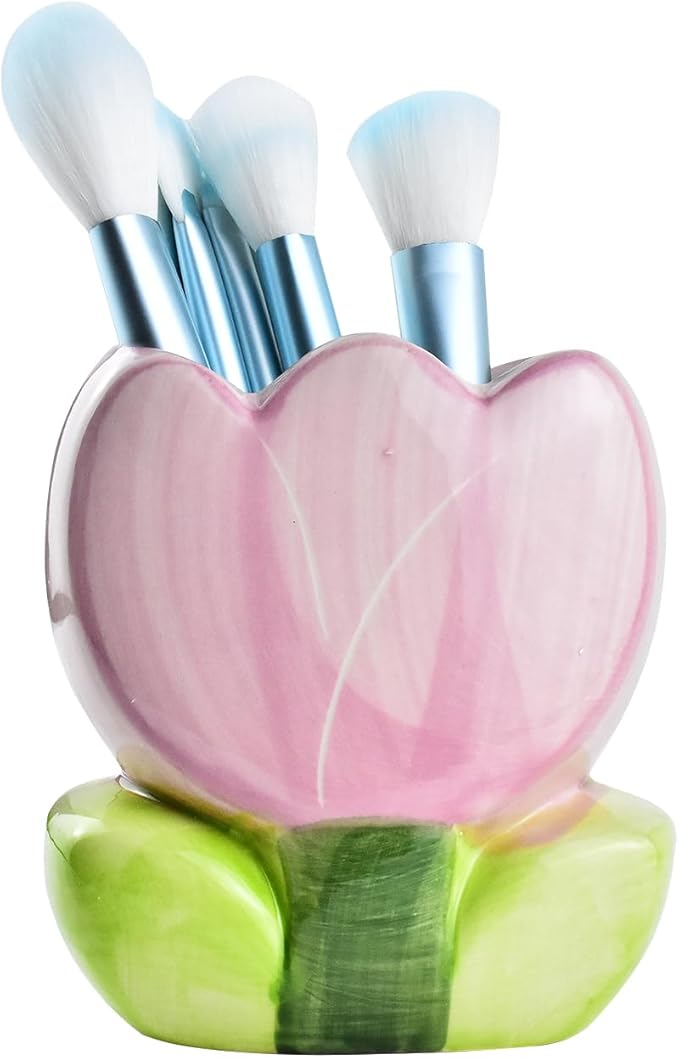 Ceramic Tulip Cosmetic Storage Box, Desktop Organizers Make Up Brush Storage Stand Desktop Storage Box for Brush,Pencil,Art Supplies, Painting Brush (Light Purple)